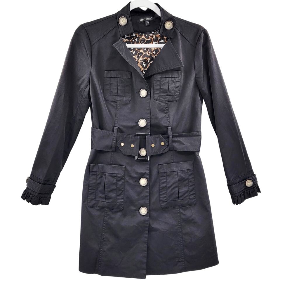 Vintage For Cynthia Black Trench Coat Leopard Print Ruffle Belted Women's Size M